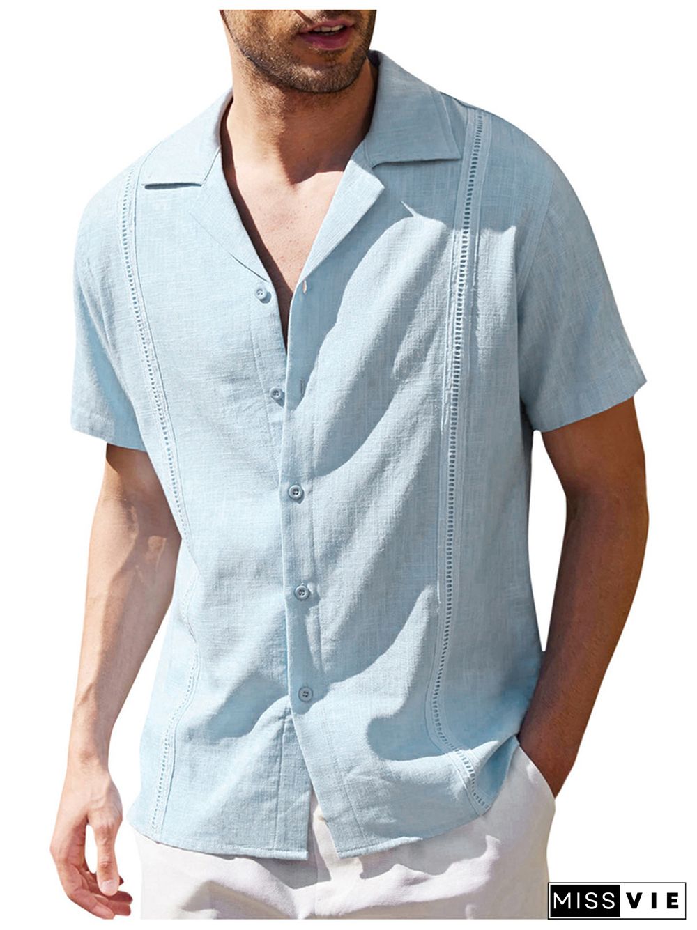 Men's Loose Simple Solid Color Lapel Casual Linen Shirt Short-sleeved Beach Shirt