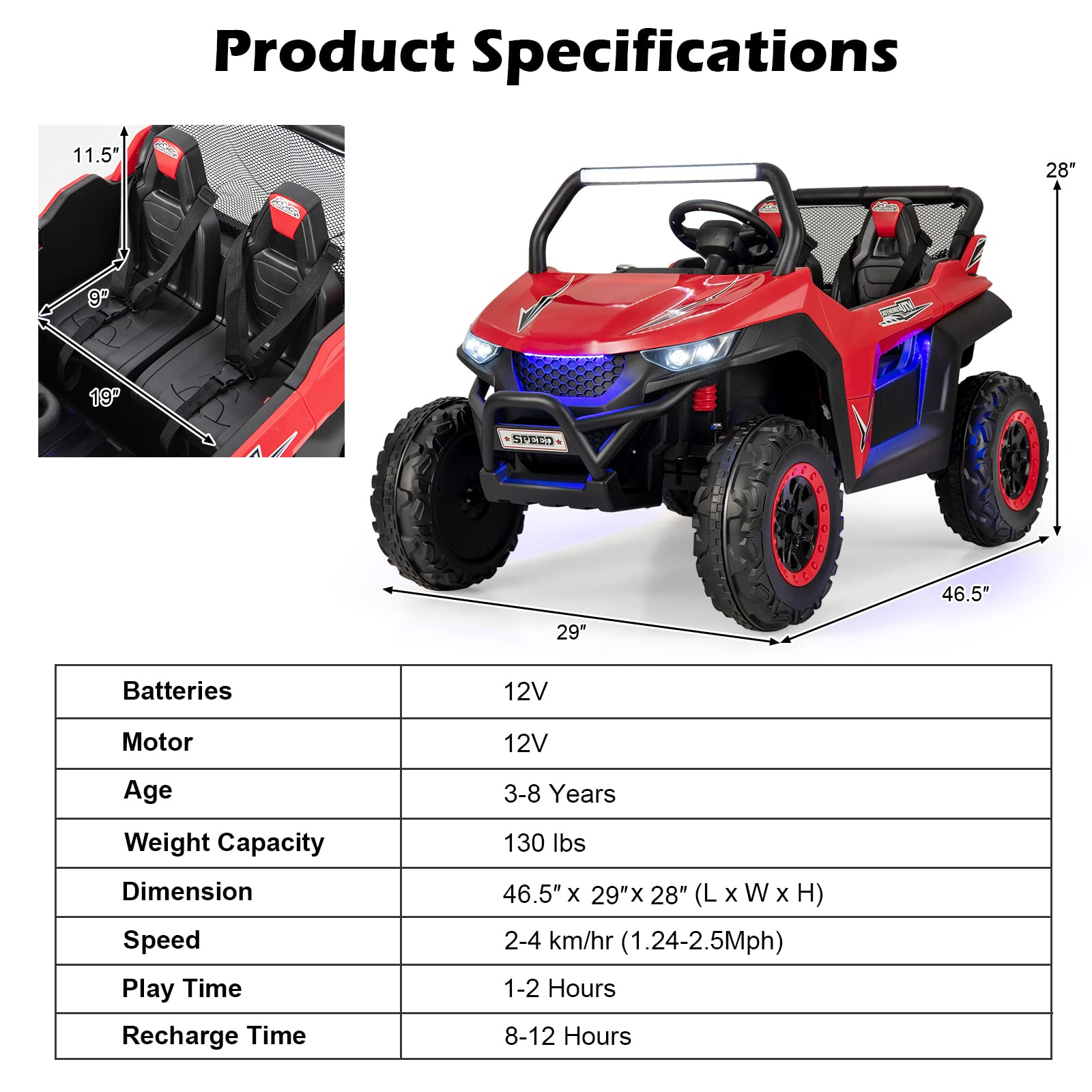 Costzon 2-Seater Ride on Car, Battery Powered Electric UTV w/ Remote Control, 4 Wheel Spring Suspension