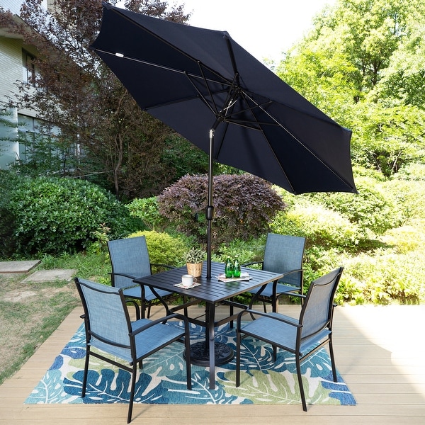 MAISON ARTS 6Piece Patio Dining Set，37 Inch Square Metal Table and 4 Textilene Dining Chairs with 9ft Patio Umbrella