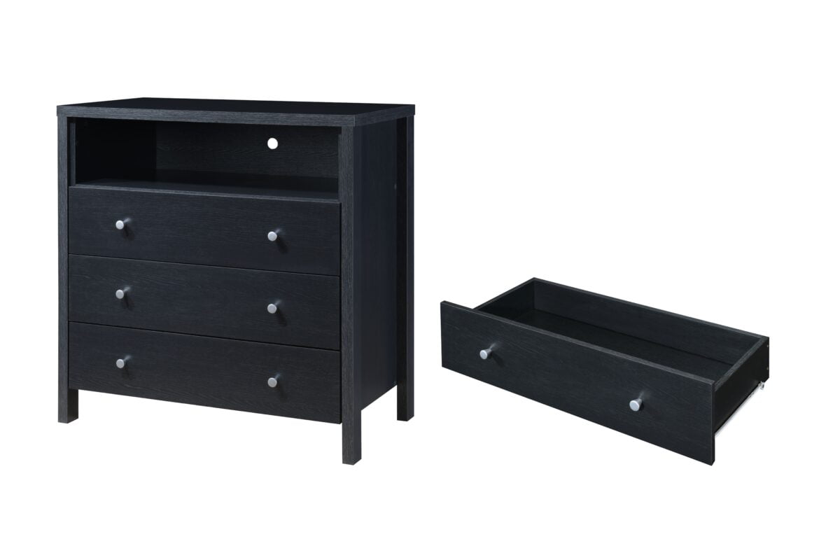 Hodedah 3-Drawer Dresser with 1-Open Shelf in Black