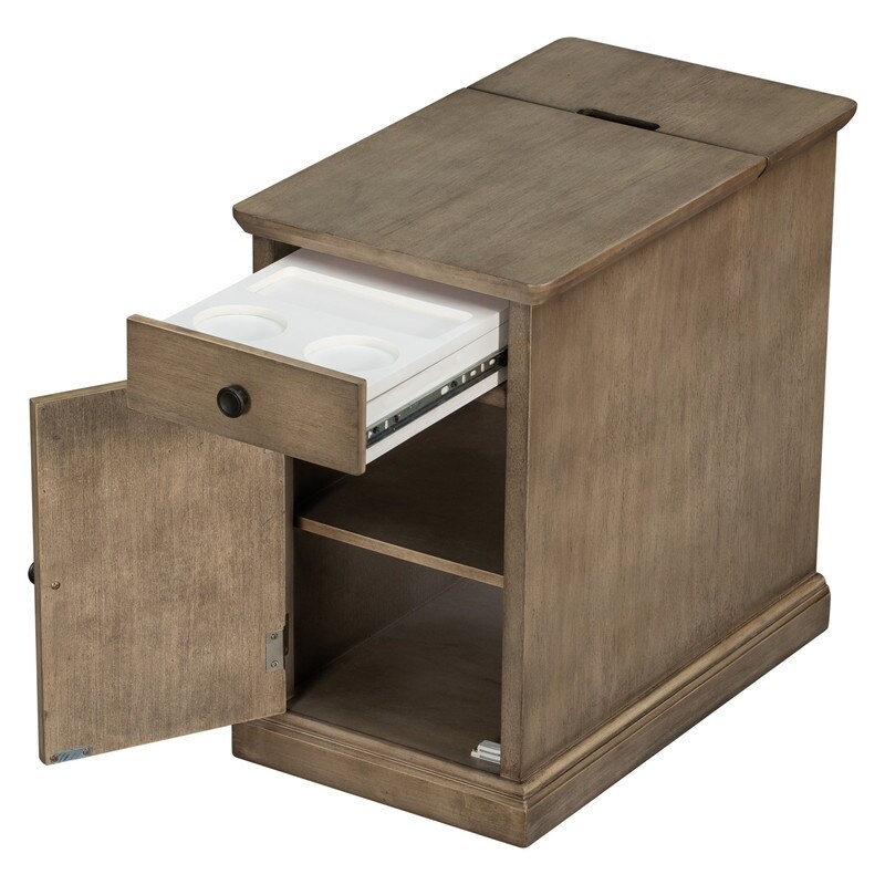 Rustic Wood End Table with USB Ports 1 Drawer with cup holder