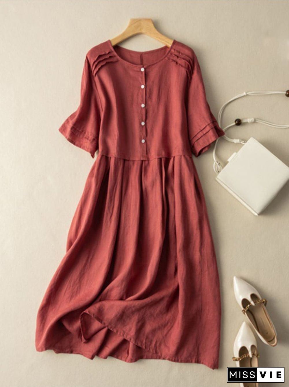 Women's Cotton Linen O-neck Solid Casual Dress