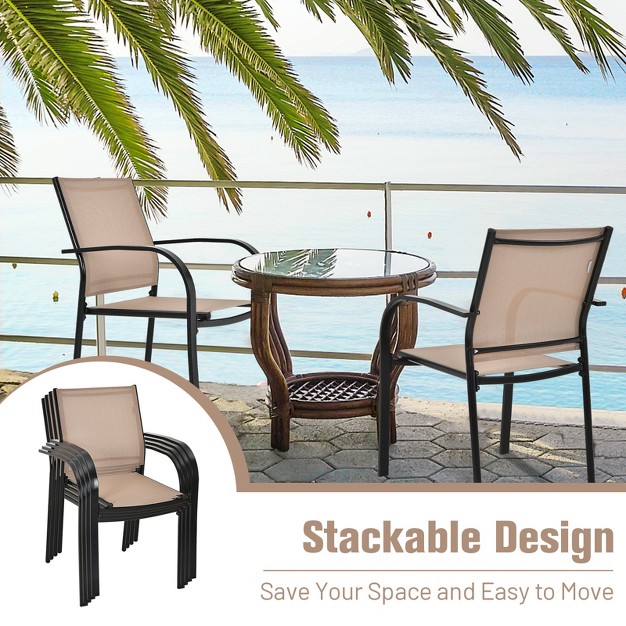 Tangkula 4pcs Outdoor Dining Chairs Stackable Chairs W armrests amp Breathable Fabric For Balcony Garden amp Patio