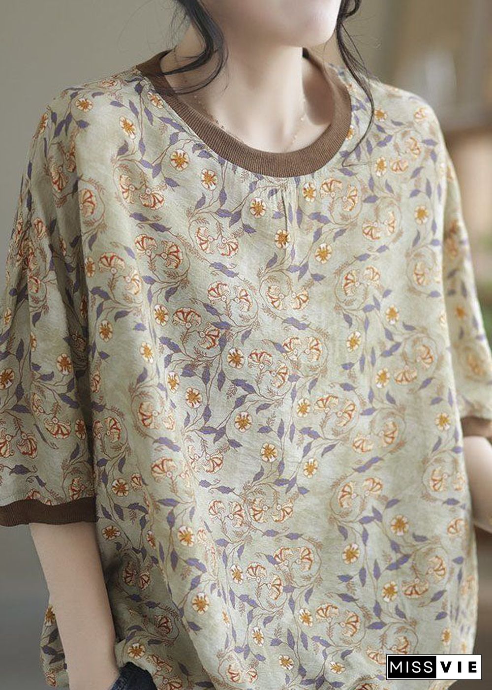 Light Green Patchwork Print Cotton T Shirt O Neck Summer