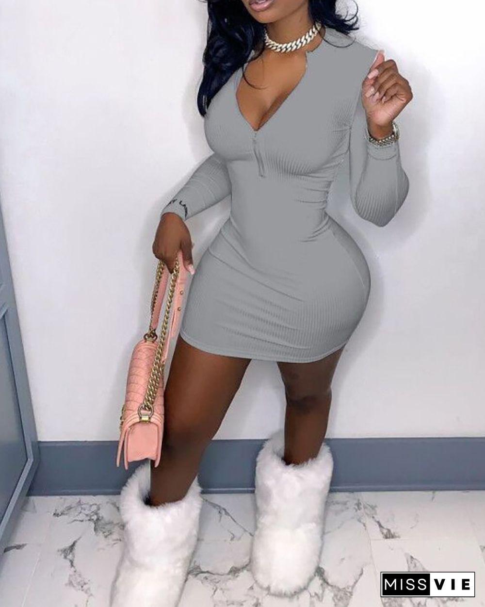 Solid Color Ribbed Long Sleeve Skinny Mini Dress