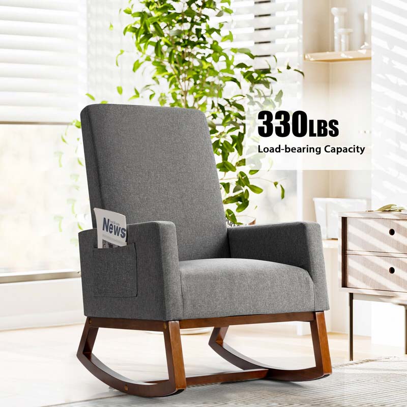 High Back Rocking Chair Upholstered Living Room Chair Nursery Accent Armchair with Wood Base & Side Pocket