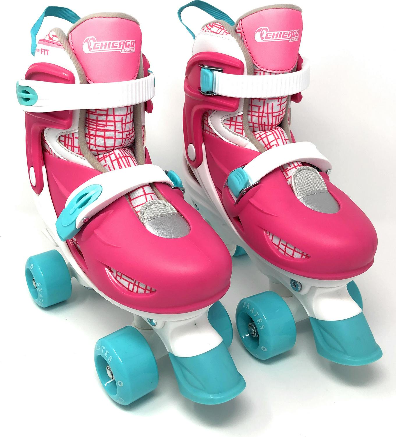 Chicago Skates Adjustable Quad Roller Skate Combo Set Pink/White/Teal a Skates， Helmet， Knee Pads， And Wrist Guards  Size Medium(1-4)