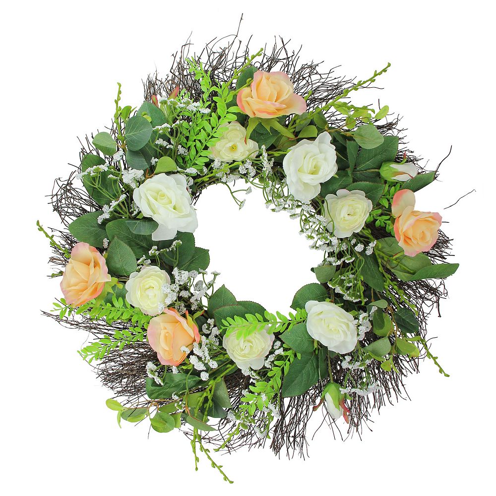 Rose and Foliage Artificial Spring Wreath - 24-Inch  Unlit