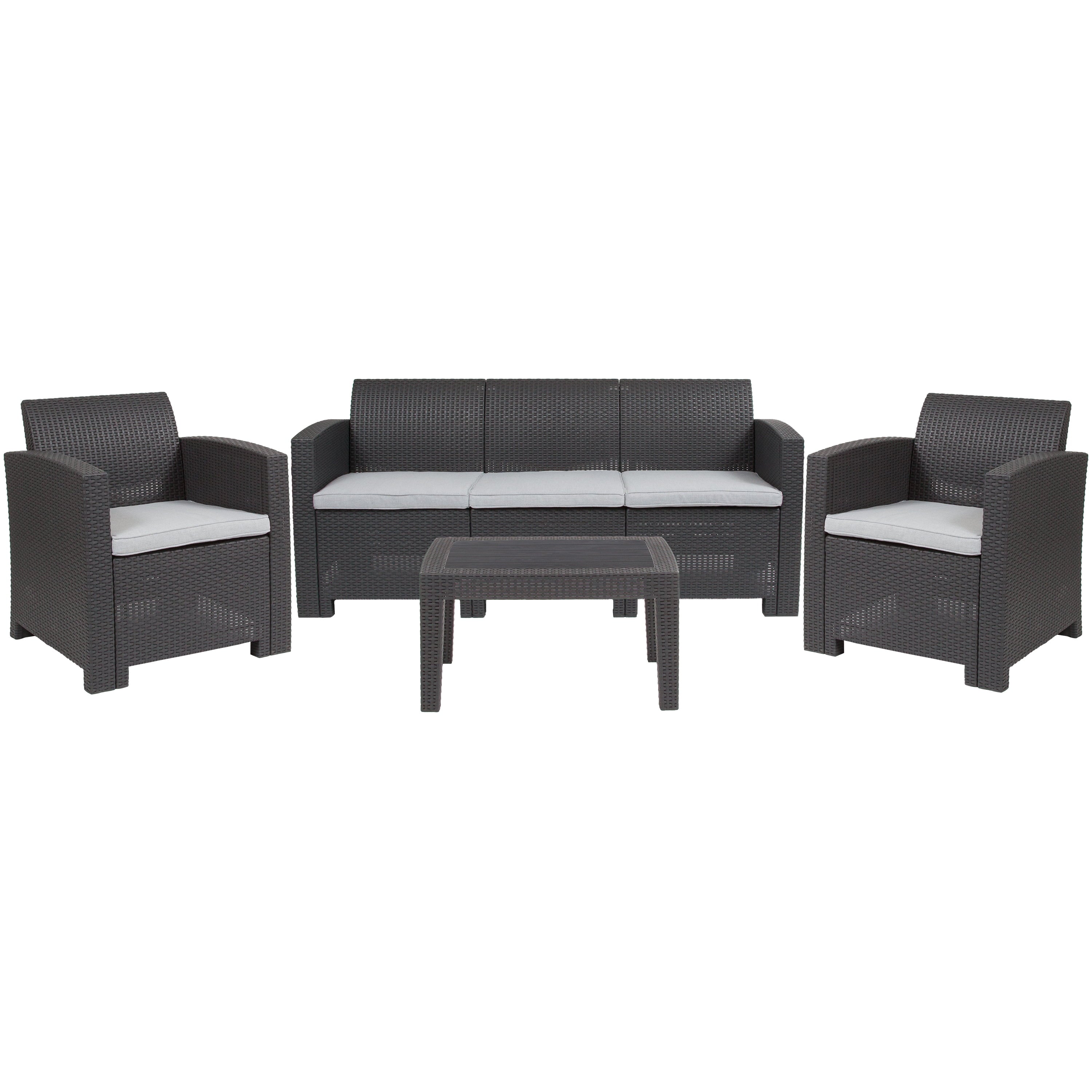 Flash Furniture Seneca 4 Piece Outdoor Faux Rattan Chair, Sofa and Table Set in Seneca Dark Gray