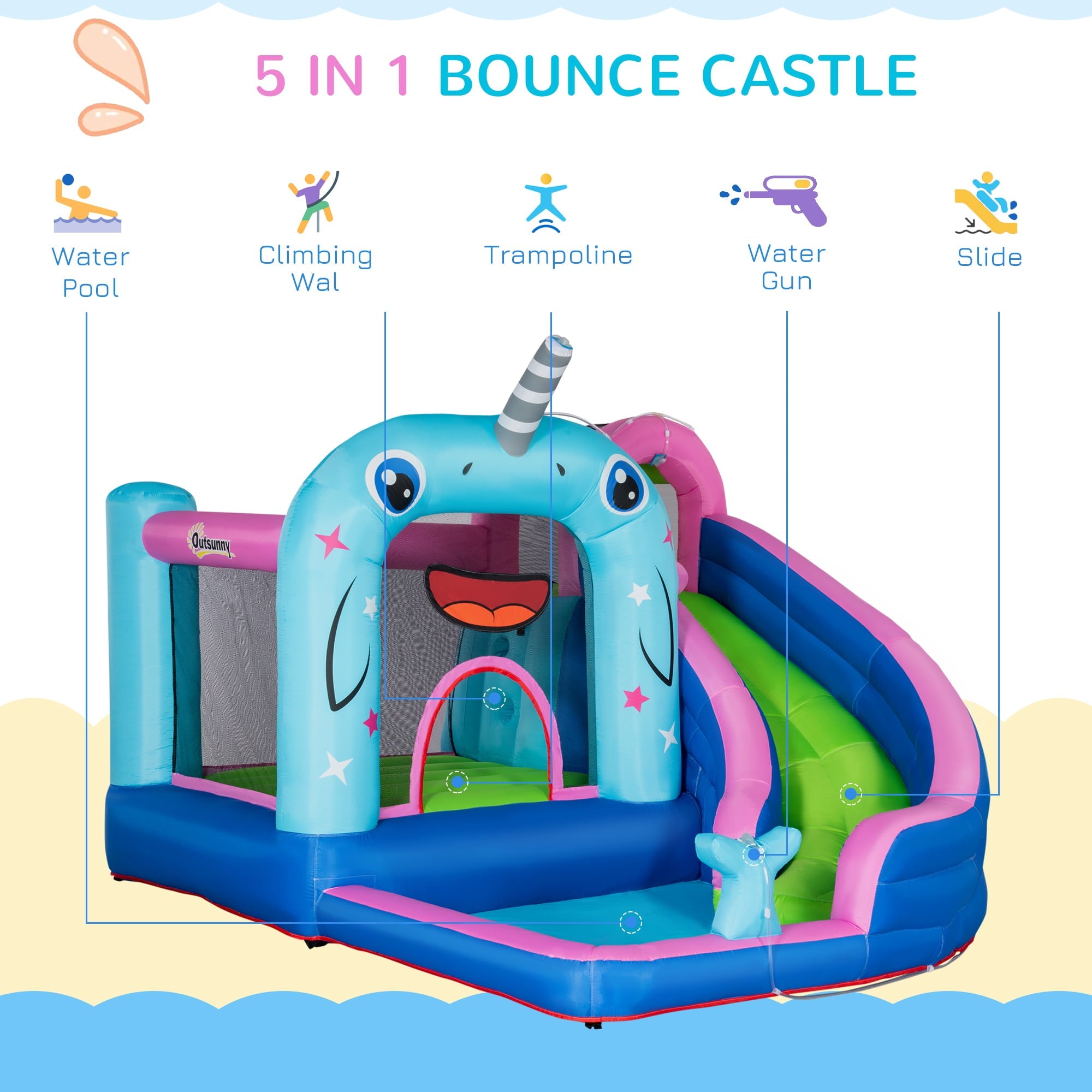 Outsunny 5-in-1 Water Slide Kids Inflatable Bounce House Narwhals Theme Water Park Includes Slide Trampoline Pool Cannon Climbing Wall with Carry Bag, Repair Patches without Air Blower