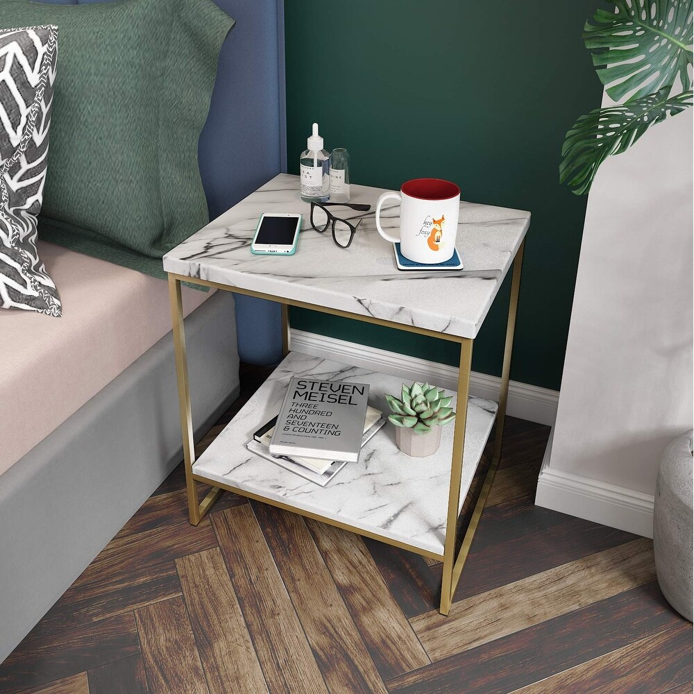 Roomfitters 2 Tier White Faux Marble Print End Table for Living Room