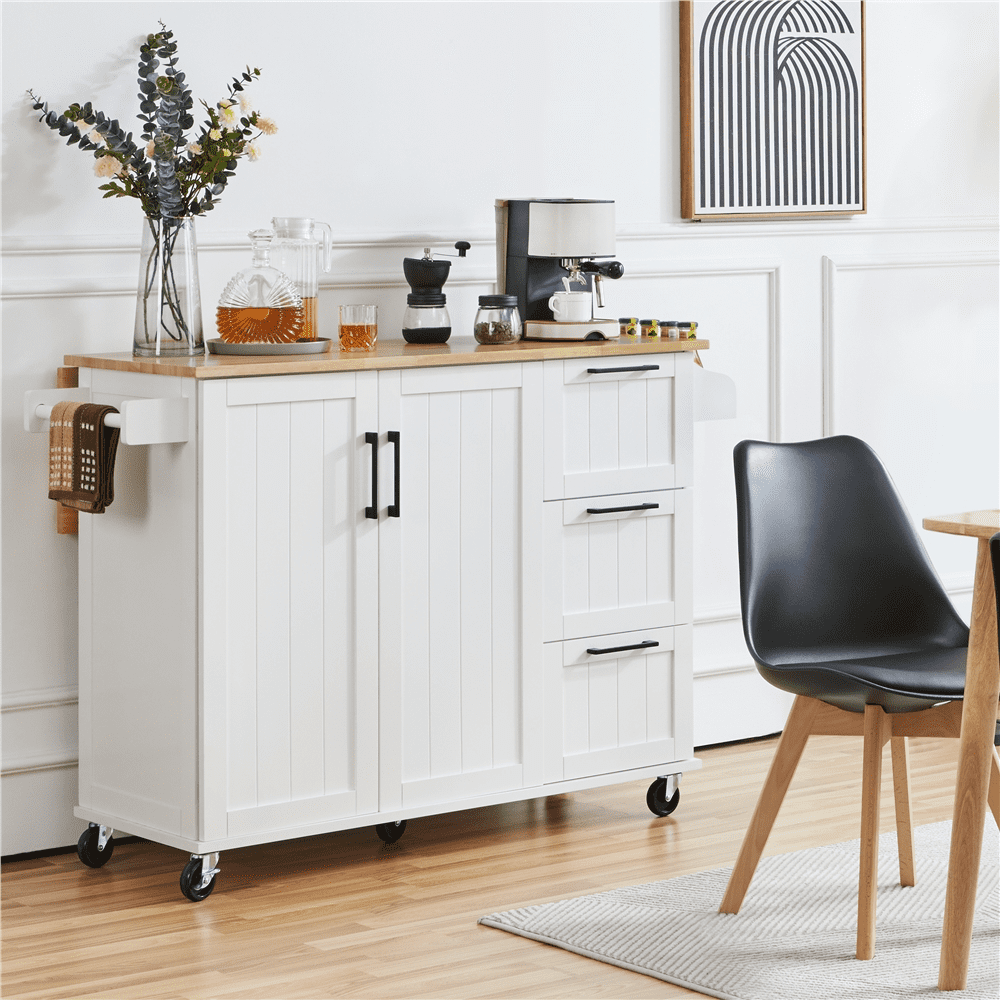 Topeakmart Wood Top Rolling Kitchen Cart Island with Storage Cabinet and 3 Drawers and Spice Rack， White