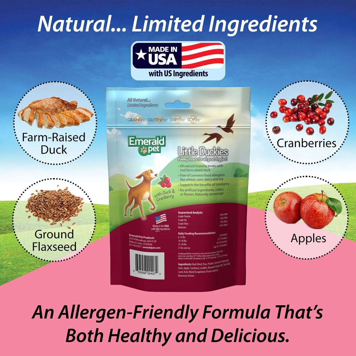 Emerald Pet Grain-Free Little Duckies with Duck and Cranberry Dog Treats