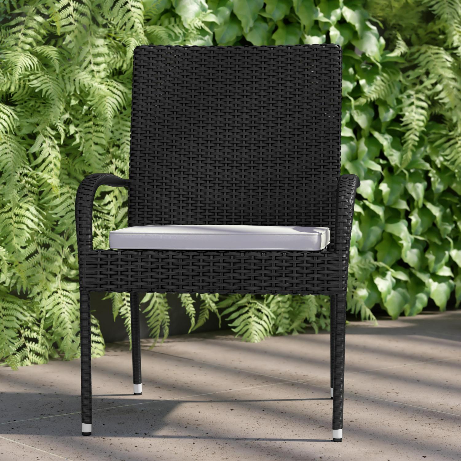 Flash Furniture Maxim Set of 2 Stackable Indoor/Outdoor Black Wicker Dining Chairs with Cream Seat Cushions  Fade and Weather-Resistant Materials