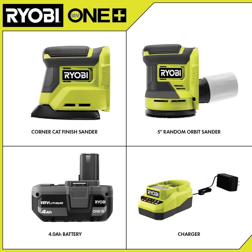 RYOBI ONE+ 18V Cordless 2-Tool Combo Kit with Corner Cat Finish Sander 5 in. Random Orbit Sander 4.0 Ah Battery and Charger PCL416K1-PCL406B