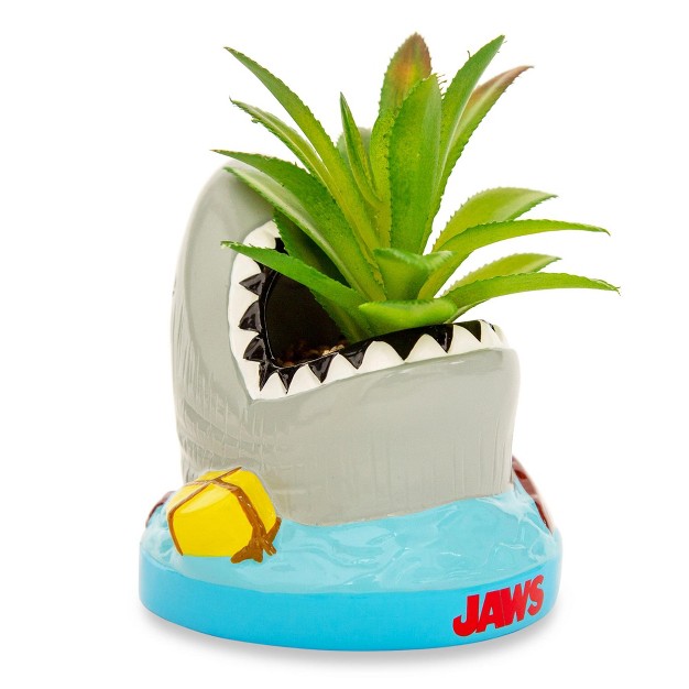 Silver Buffalo Jaws Shark 4 inch Ceramic Mini Planter With Artificial Succulent