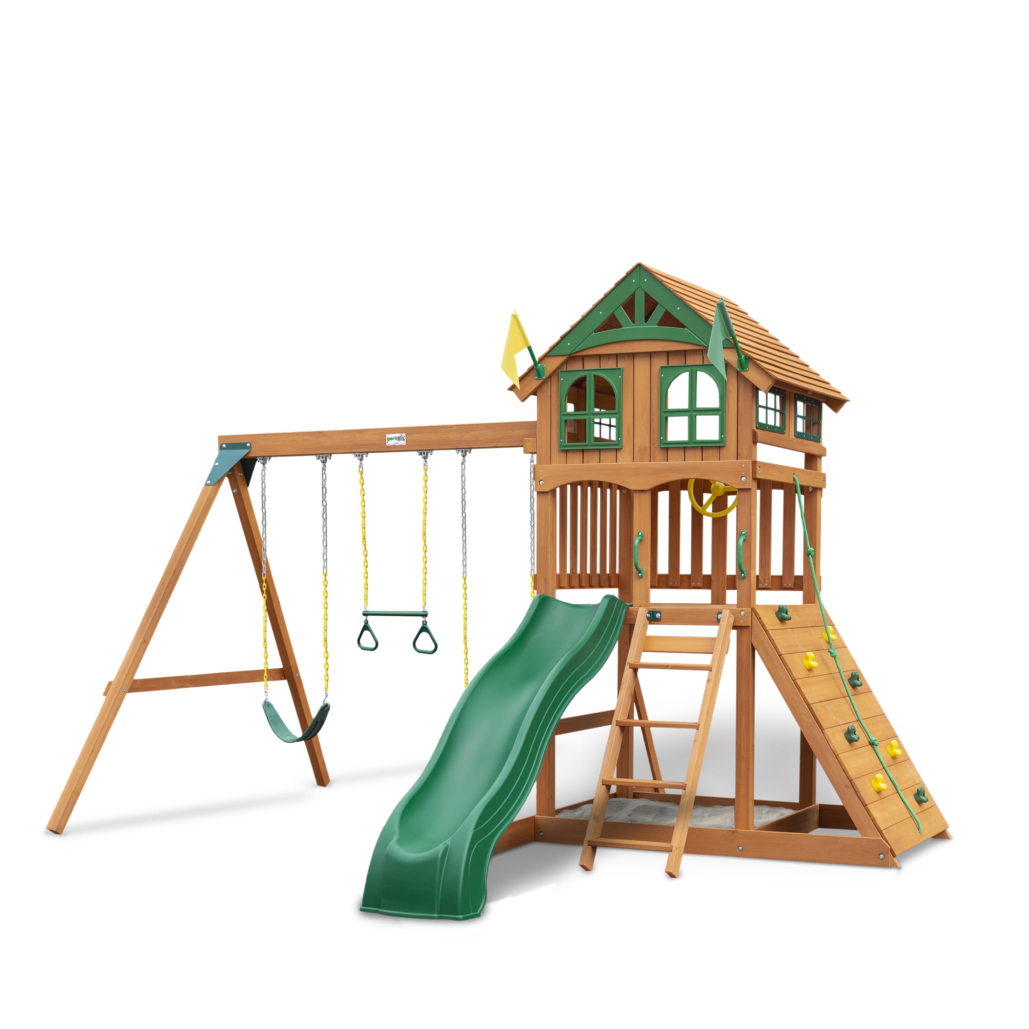 Gorilla Playsets Avalon 01-1078 Wood Swing Set with Wood Roof， Rock Wall， and Slide， Amber