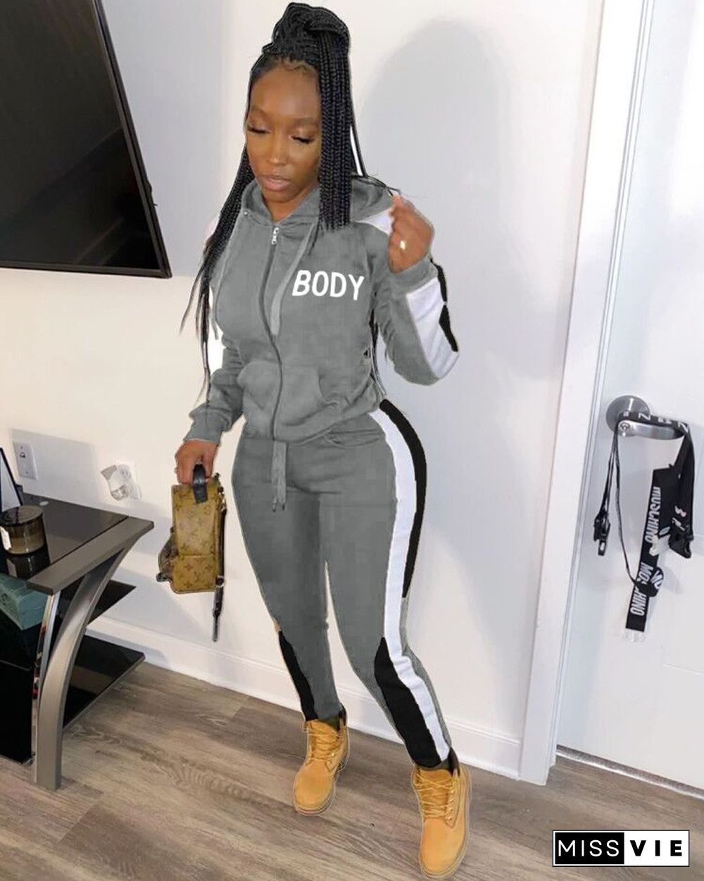 Lettered Hooded Zipper Jacket Sweatpants 2 Pieces Set