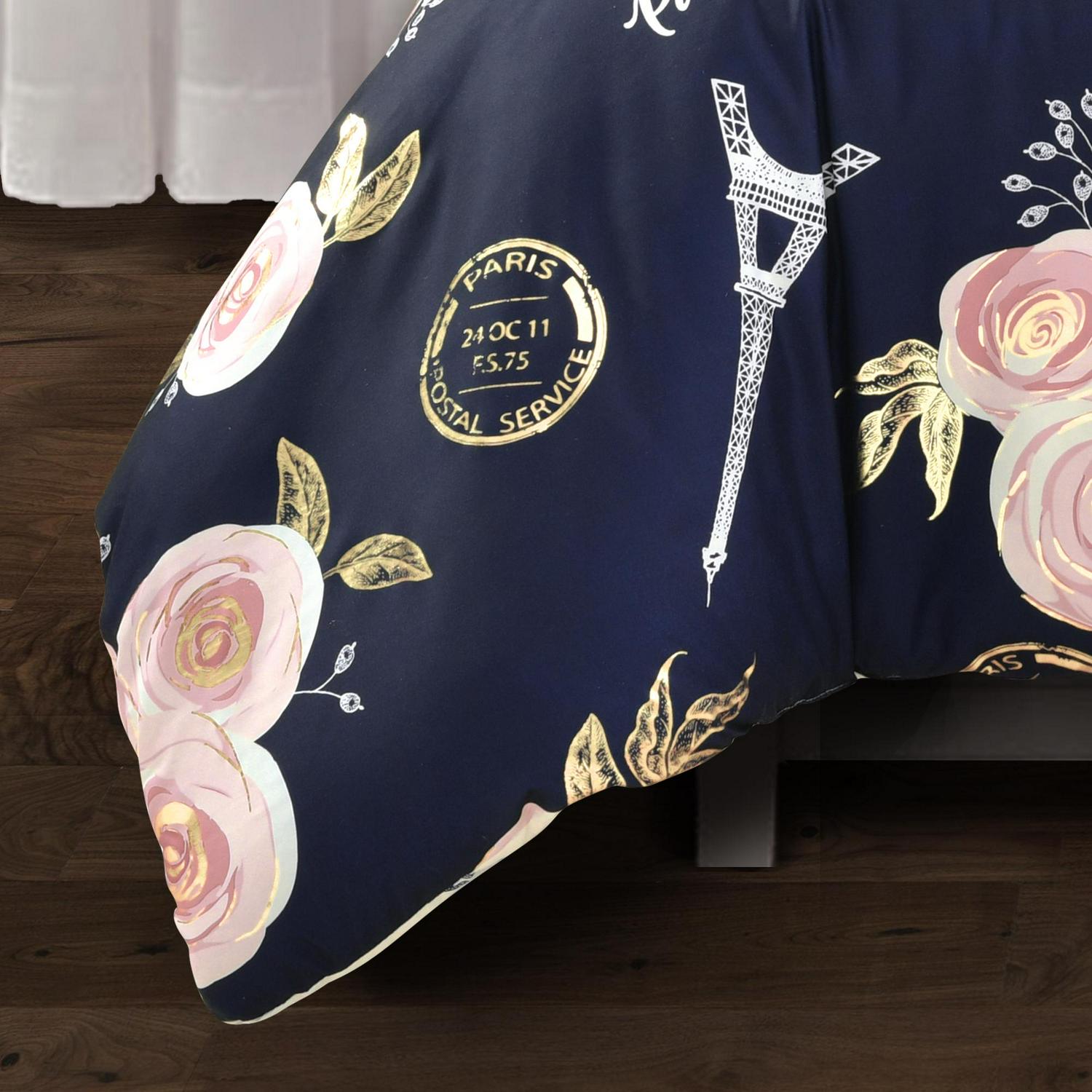 Lush Decor Vintage Paris Rose Butterfly Script Floral Reversible Comforter Twin