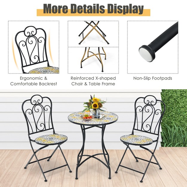 Tangkula 2pcs Outdoor Mosaic Folding Bistro Chairs Patio Chairs With Ceramic Tiles Seat And Exquisite Floral Pattern Yellow Seat