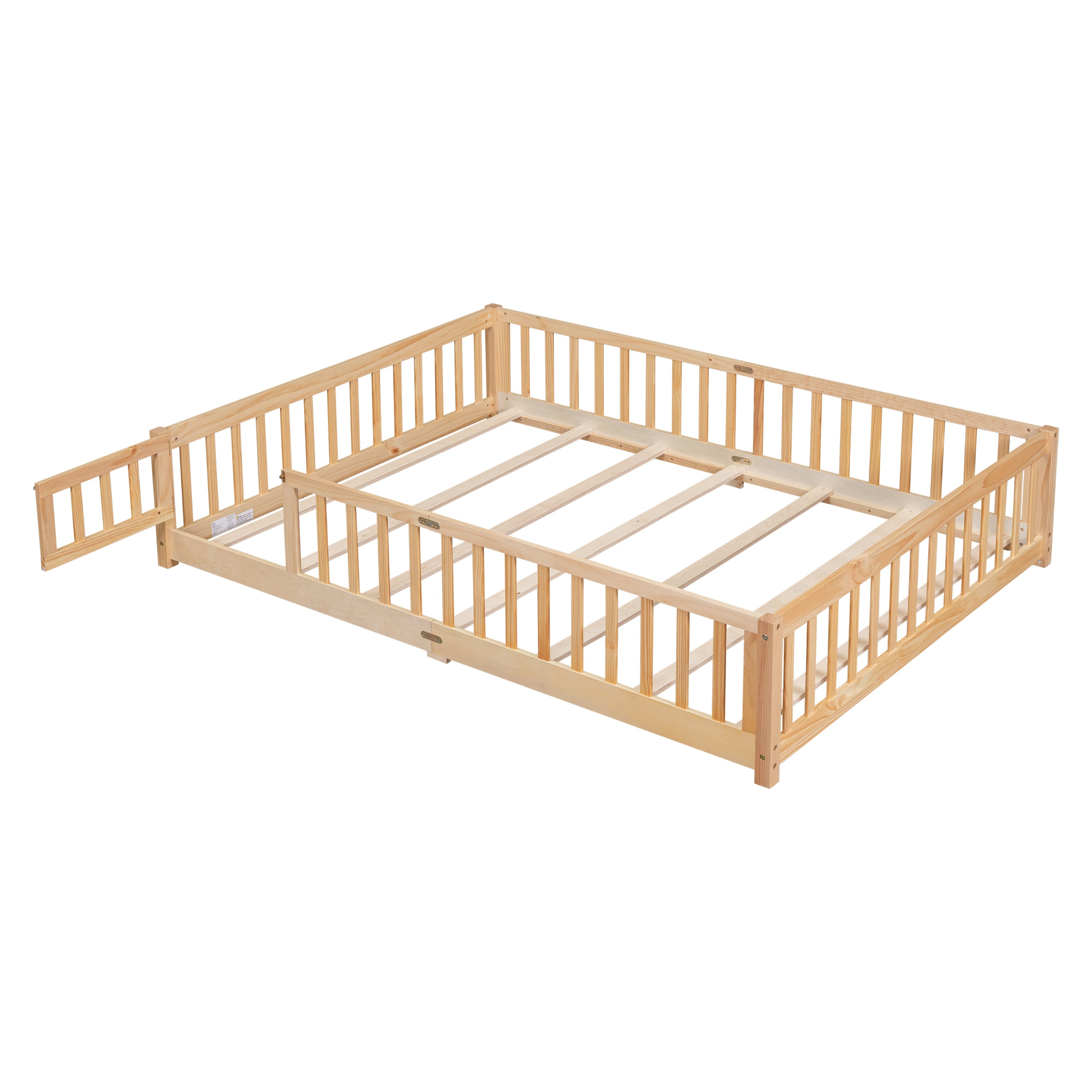 uhomepro Queen Size Wood Floor Bed Frame with Fence and Door for Kids, Toddlers, Natural