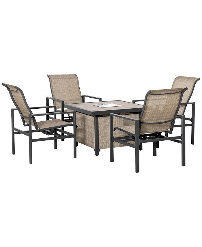 Outsunny 5 Piece Garden Patio Dining Set Steel Outdoor Conversation Set Square Dinner Table with Built-in Ice Bucket Insert 4 Rocking Chairs for Garden Lawn Backyard Beige