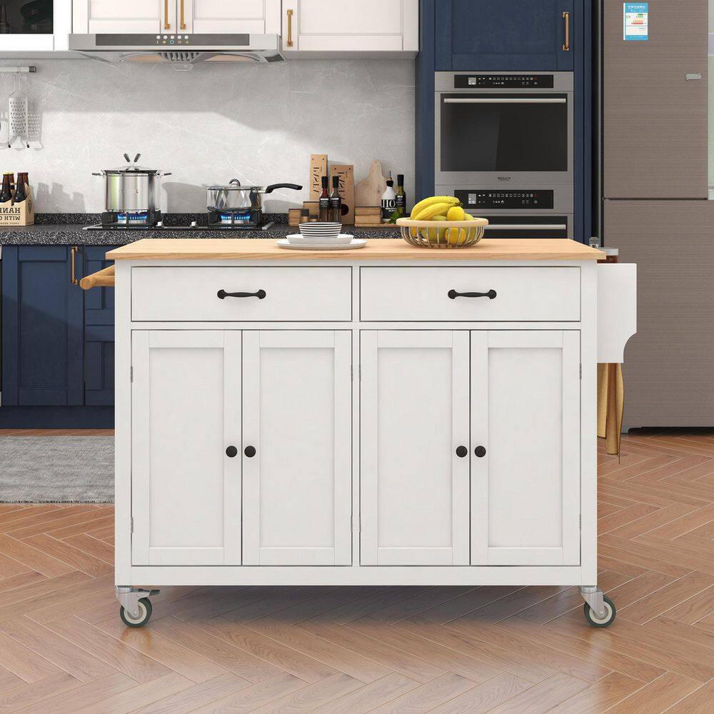 54.3 in. White Kitchen Island Cart with Solid Wood Top and Locking Wheels for Kitchen Dining Room Bathroom LH-347