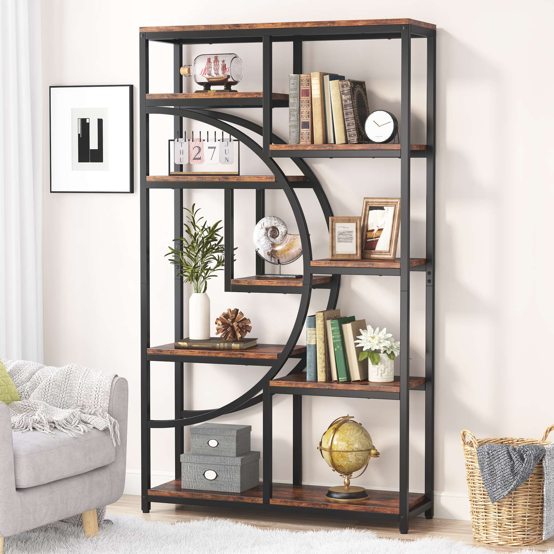 Freestanding Bookshelf, 68.9 Etagere Bookcase with 9 Open Shelves