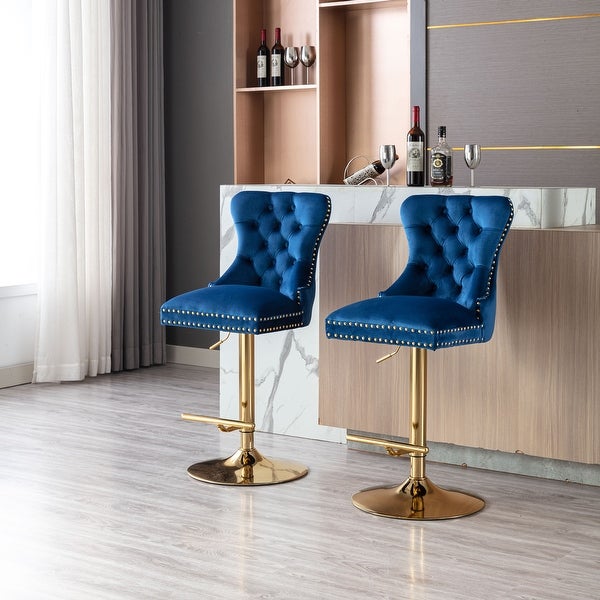 Modern Swivel Bar Stools Set of 2 Adjustable Counter Height with Velvet Upholstered Stool with High Back and Ring Pull