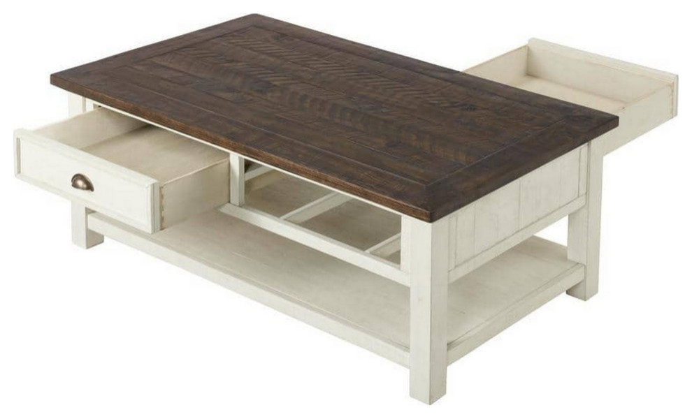 Fiya 50 quotCoastal Coffee Table With 2 Drawers and 1 Shelf  Brown  White   Farmhouse   Coffee Tables   by VirVentures  Houzz