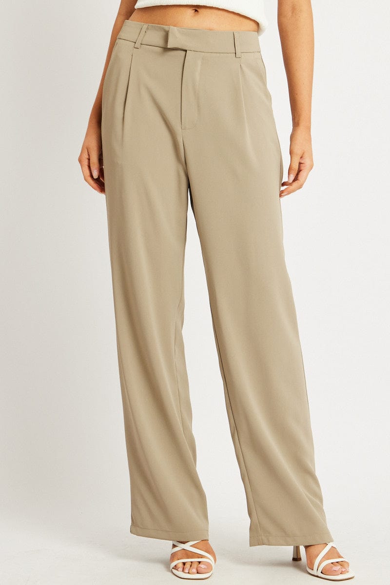 Brown Wide Leg Pants Mid Rise
