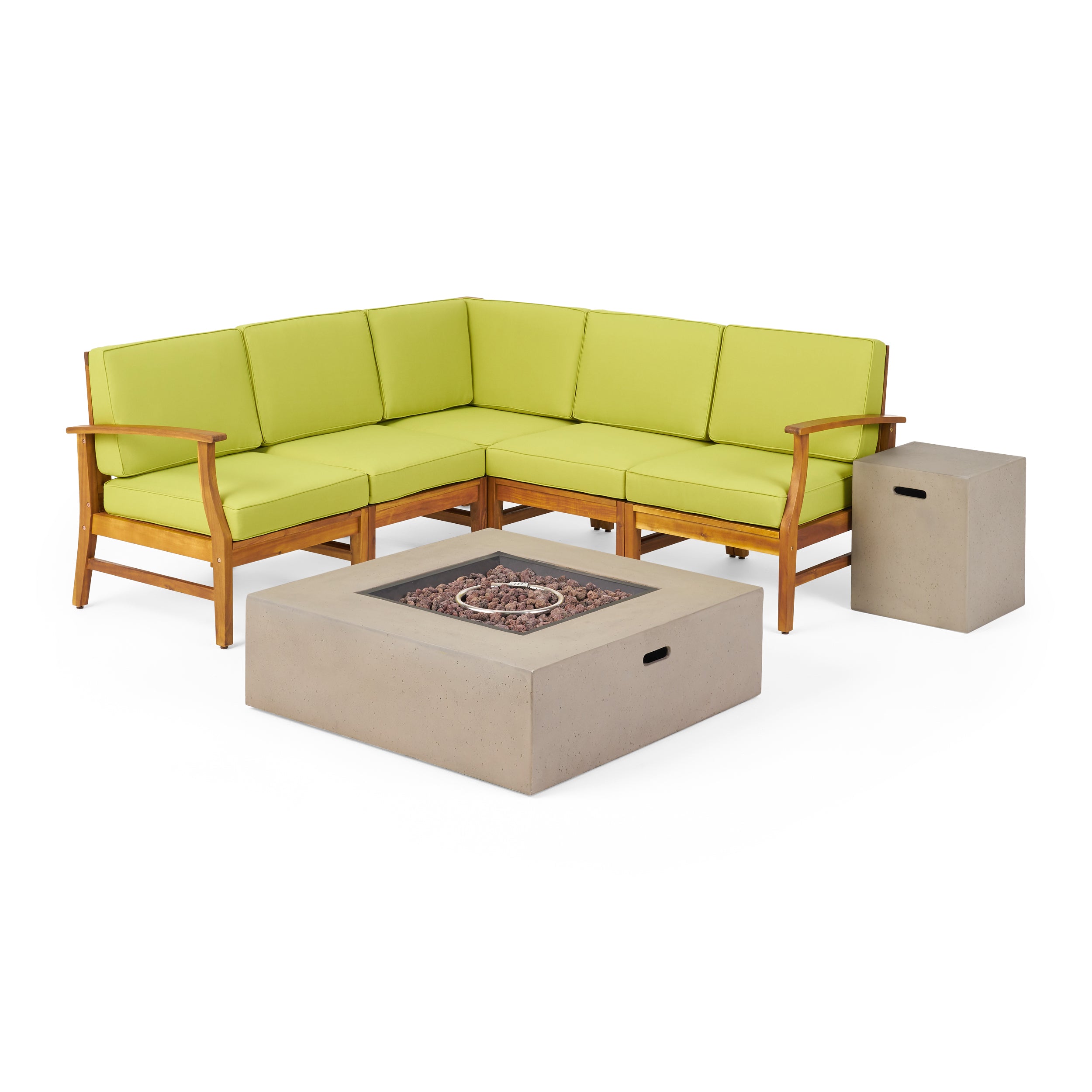 Nyeemah Outdoor 5 Seater V-Shaped Acacia Wood Sofa Set with Square Fire Table and Tank