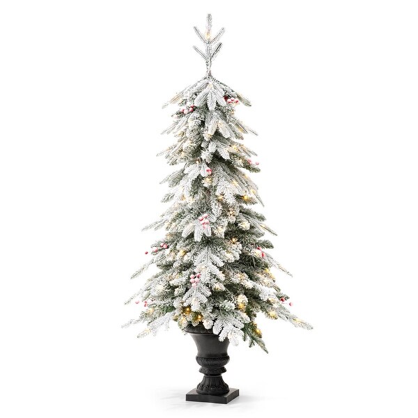 Glitzhome 4FT/5FT PreLit Flocked Fir Artificial Christmas Potted Porch Trees