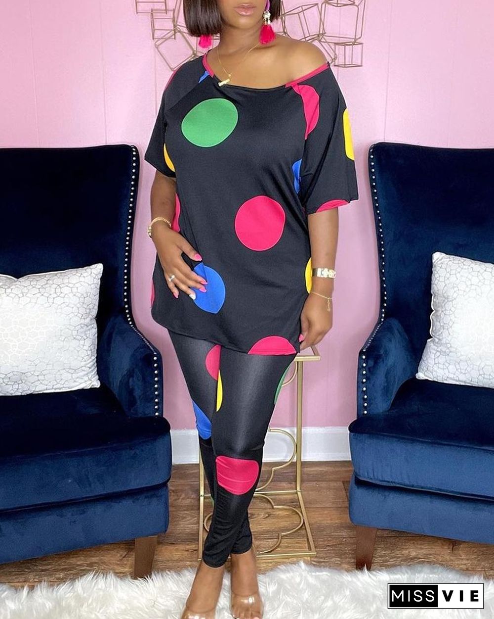 Polka Dot Print Colorblock Slit Top & Pants Set