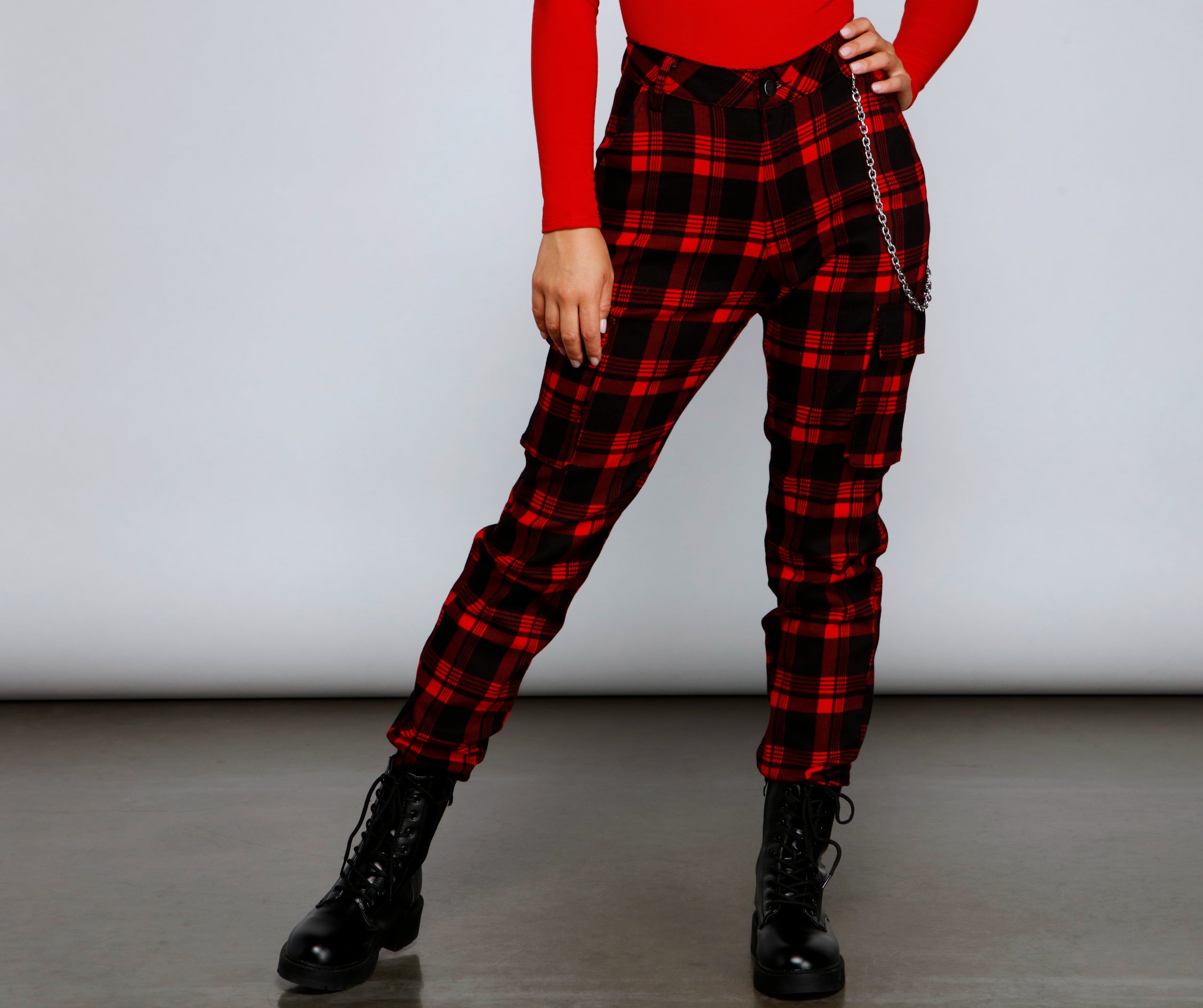 High Waist Plaid Joggers With Chain