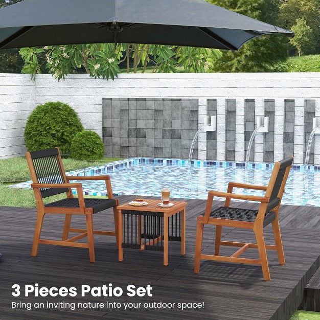 Tangkula 3 Pcs Solid Acacia Wood Patio Set All weather Rope Woven Chair Garden Poolside