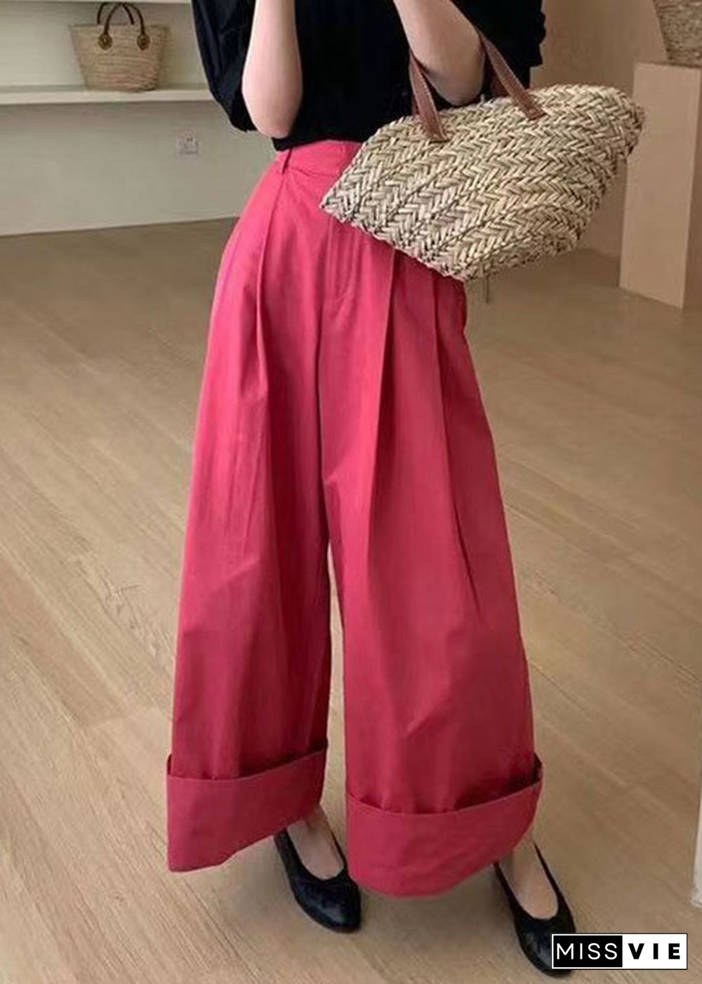 New Red Pockets High Waist Patchwork Cotton Wide Leg Pants Fall