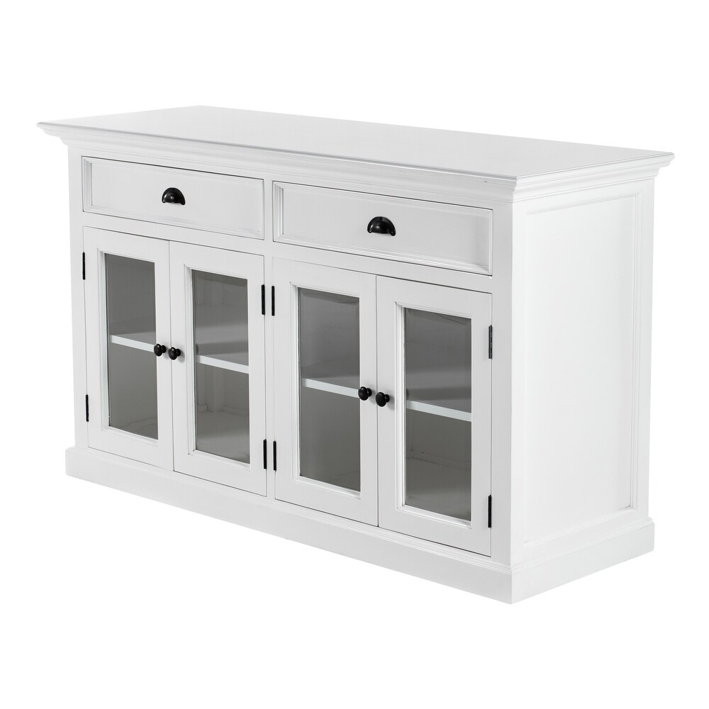 NovaSolo Halifax Coastal White Classic Buffet with Glass Doors  Solid Mahogany Frame  57.09 x 19.69 x 33.46