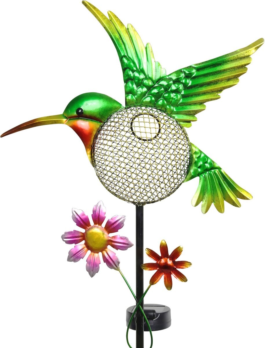 Exhart Solar Hand Painted Hummingbird Metal Mesh Pellet Bird Feeder Garden Stake