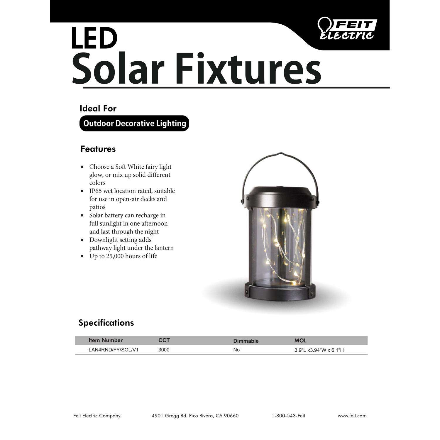 Feit Solar Fixtures 12 in. Solar Power Metal Round Coach Lantern Crackle Jar w/Fairy Lights Black