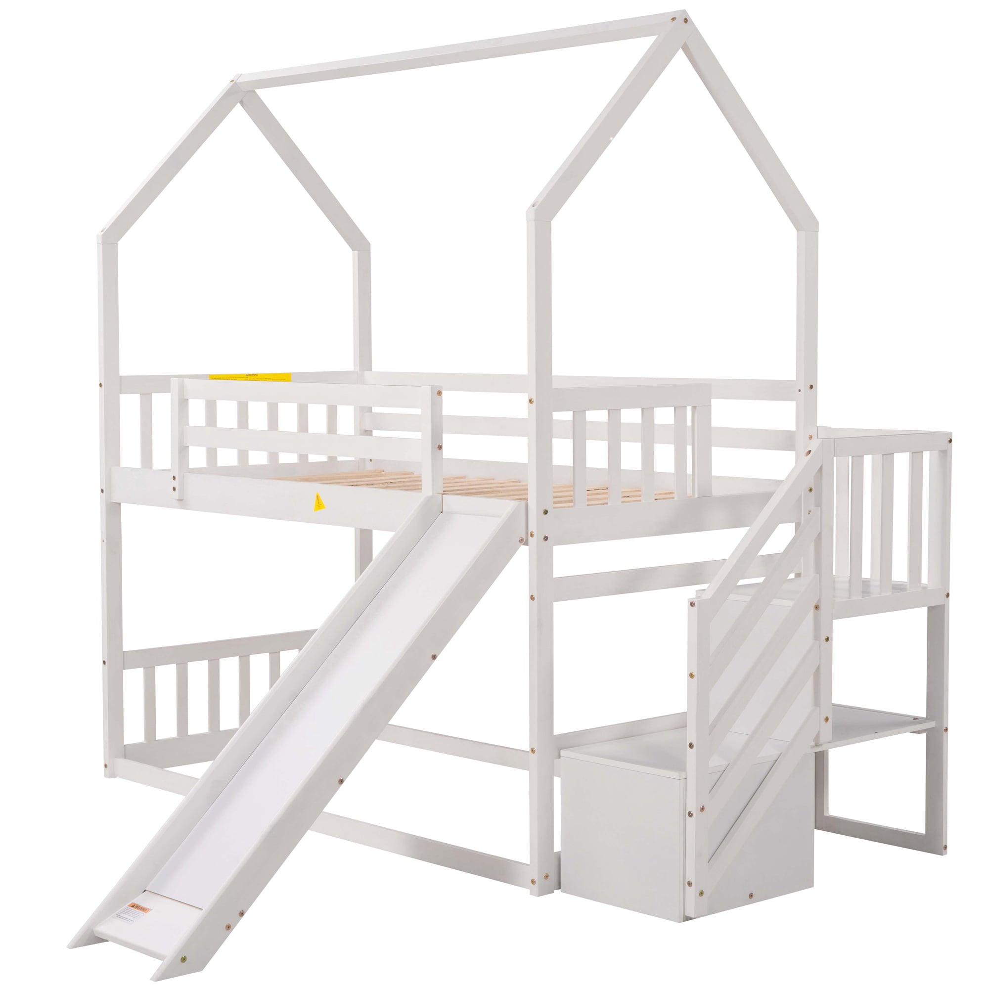 EUROCO Twin over Twin House Bunk Bed with Staircase for Kids for Bedroom, White