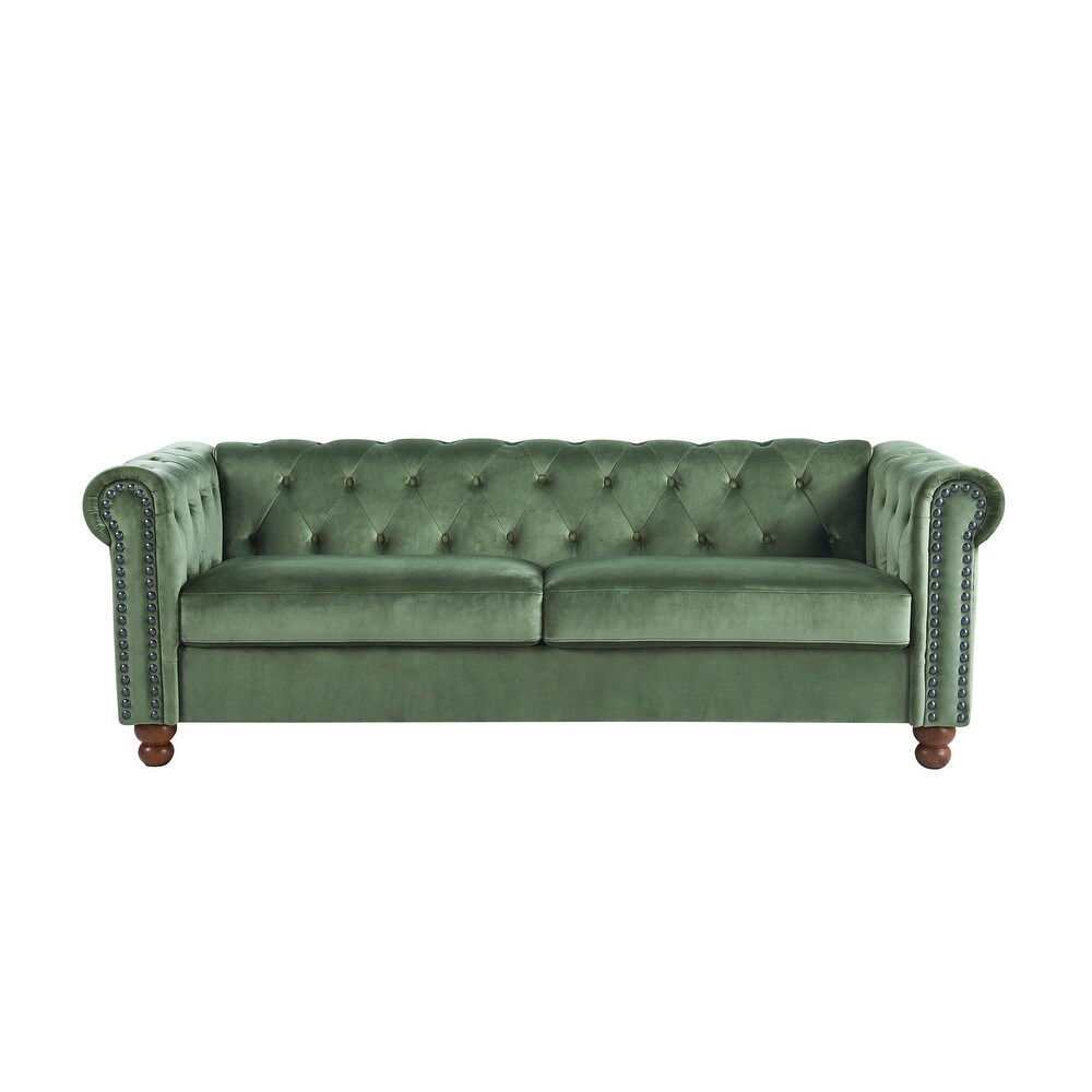 Modern Tufted Fabric Sofa Velvet Upholstered Couch High Tech Fabric for Living Room Sofa with Nailheads Arms and Wood Legs