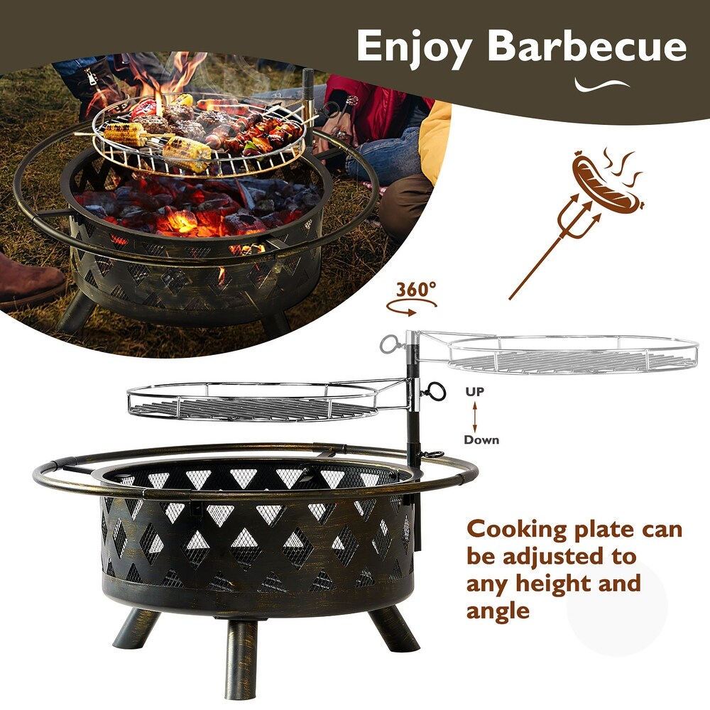 Aoxun 2 in 1 Fire Pit with Grill Outdoor Wood Burning