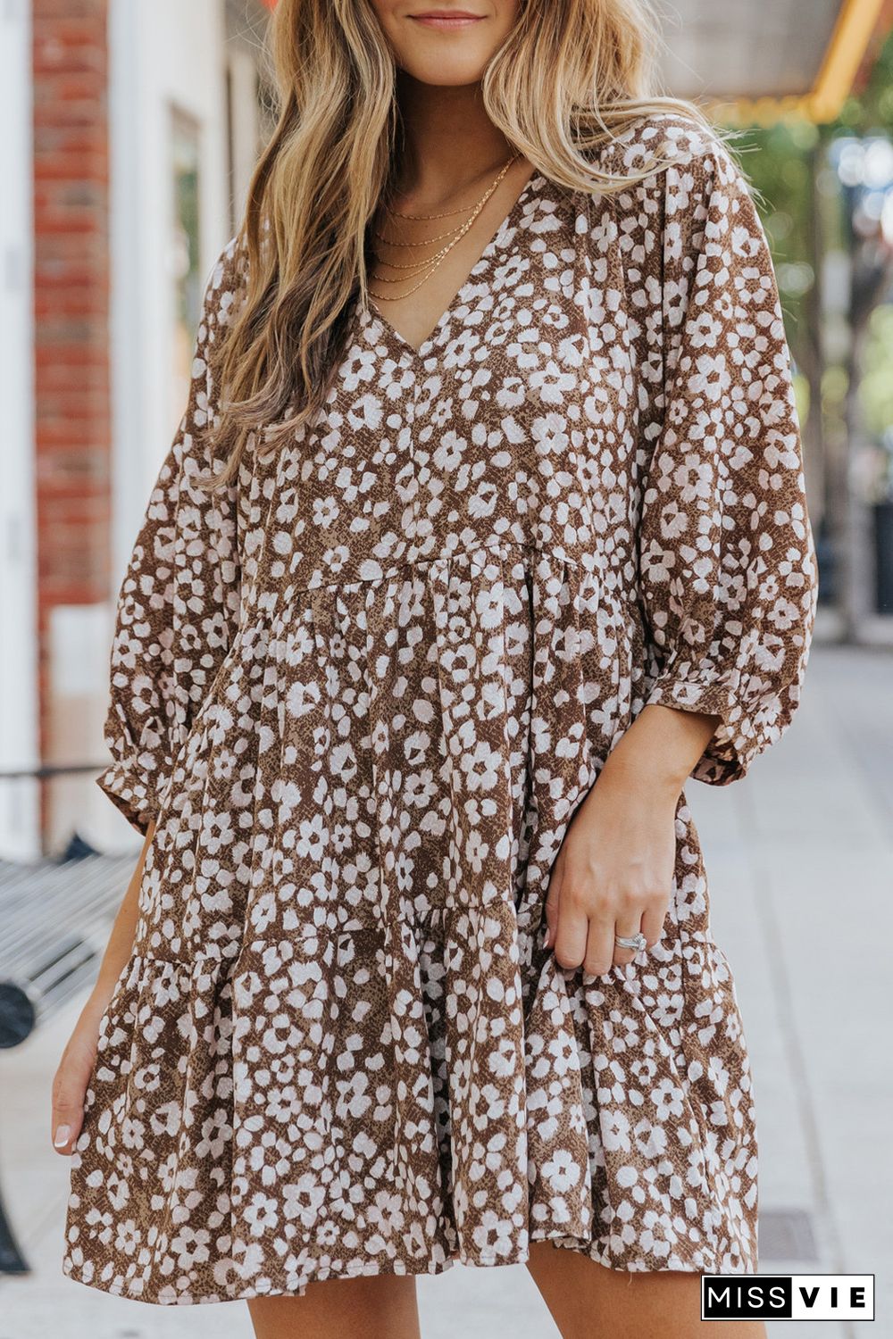 Brown V Neck Daisy Print Empire Waist Mini Dress