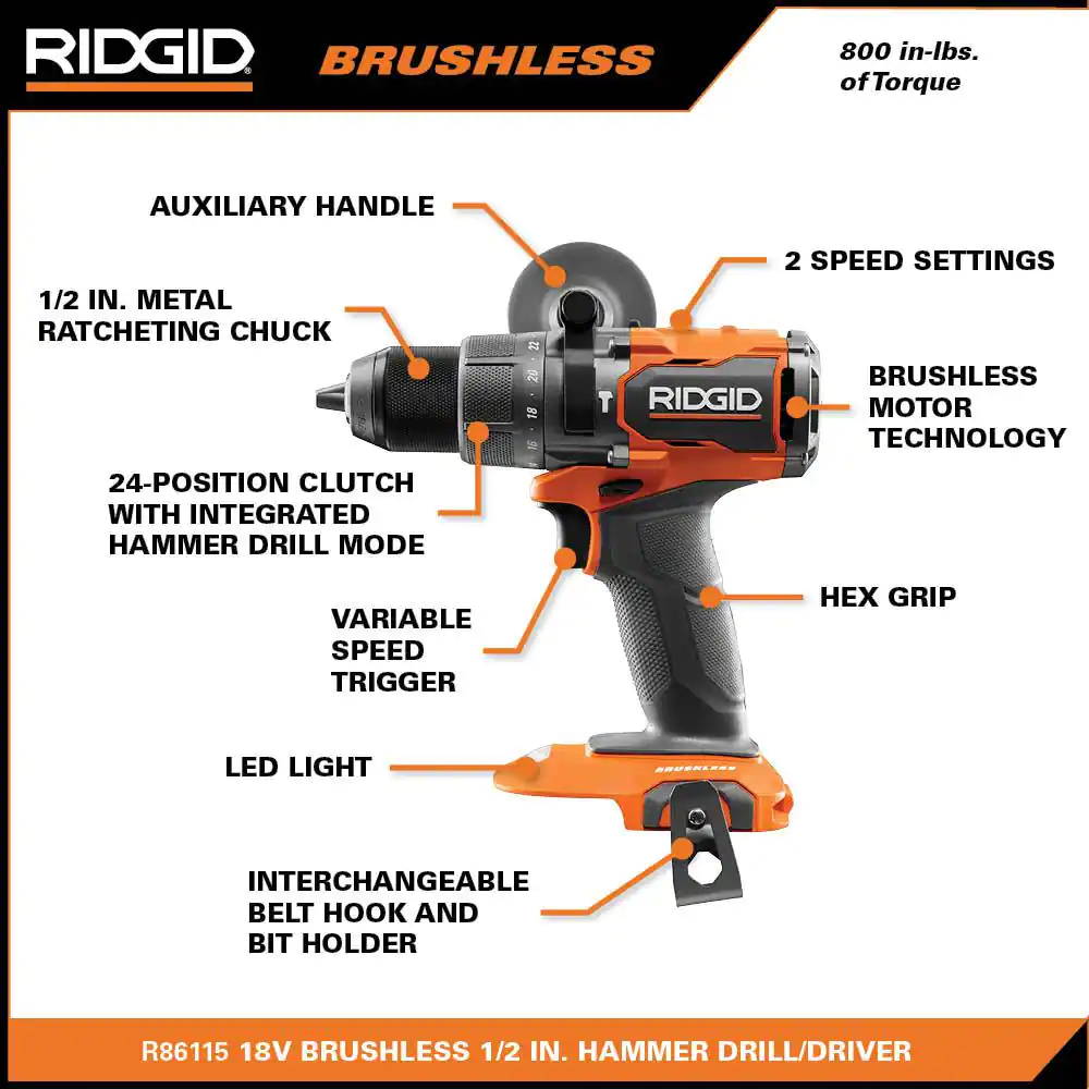 Ridgid 18V Brushless Cordless 1/2 in. Hammer Drill/Driver Kit With (2) 4.0 Ah MAX Output Batteries， 18V Charger， And Tool Bag