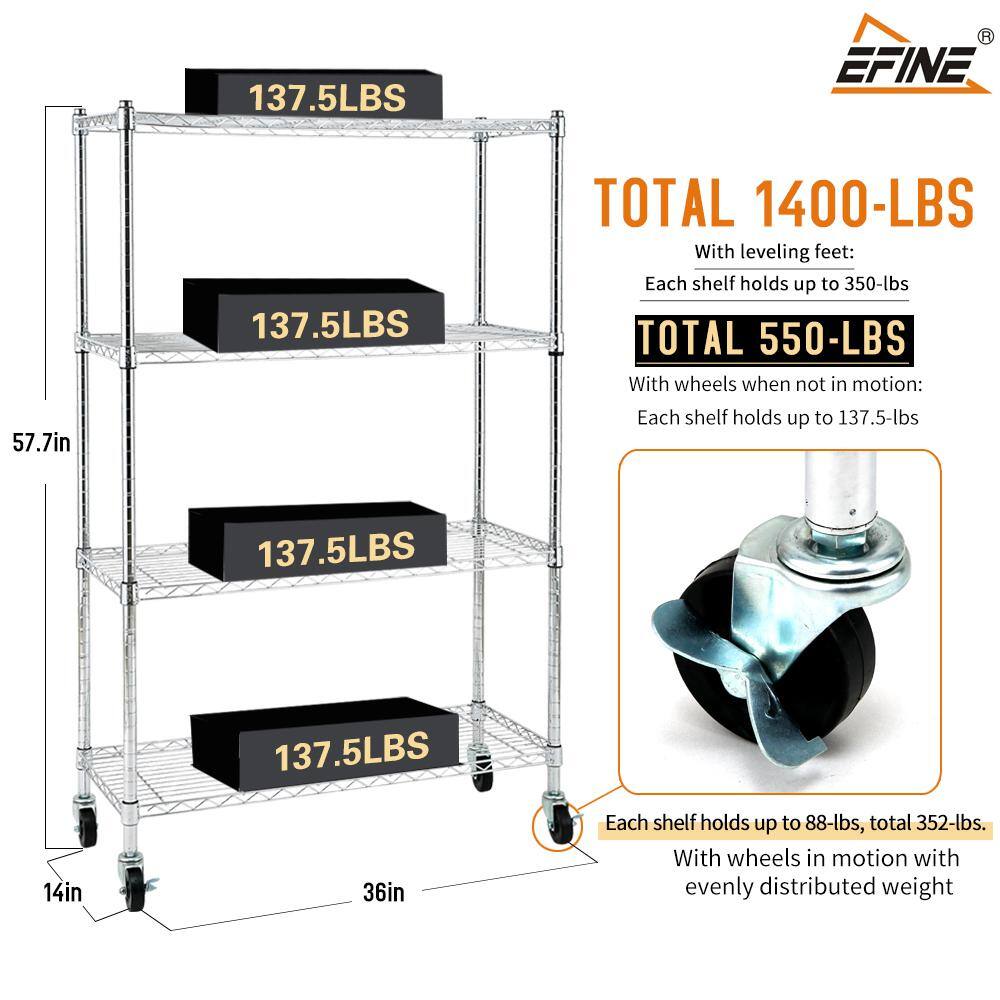 EFINE Chrome 4-Tier Rolling Heavy Duty Metal Wire Storage Shelving Unit Caster 1 in. Pole (36 in. W x 57.7 in. H x 14 in. D) RL33654