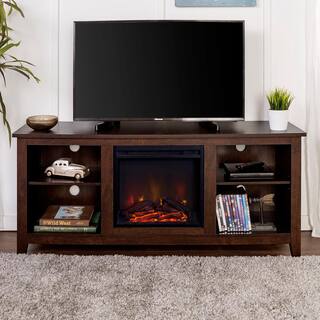 Walker Edison Furniture Company Essential 58 in. Brown TV Stand fits TV up to 60 in. with Adjustable Shelves Electric Fireplace HD58FP18TB