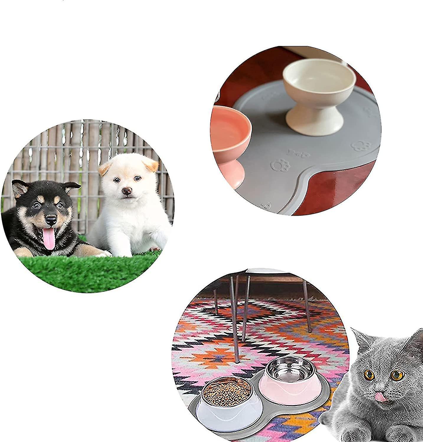 Cat And Dog Bowl Table Set， Pet Food Proof Mat， Waterproof Dog Food Tray Mat， Silicone Double Bowl