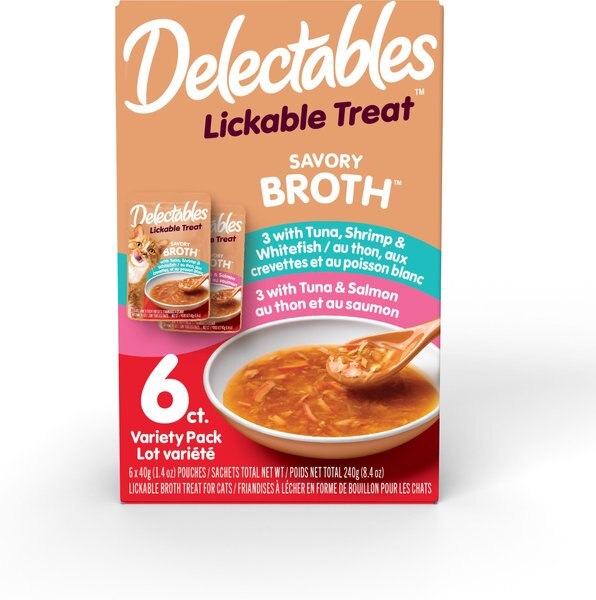 Hartz Delectables Savory Broths Lickable Cat Treats Variety Pack， 1.4-oz pouch， 6 Count