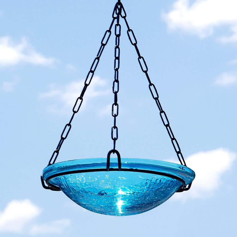 ACHLA DESIGNS 12.5 in. Tall Teal Crackle Glass Hanging Birdbath Bowl BBH-02T